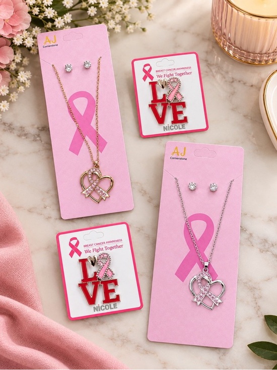 Jewelry - Pink Ribbon Heart Necklace Set + NICOLE LOVE Breast Cancer Awareness Pin NWT